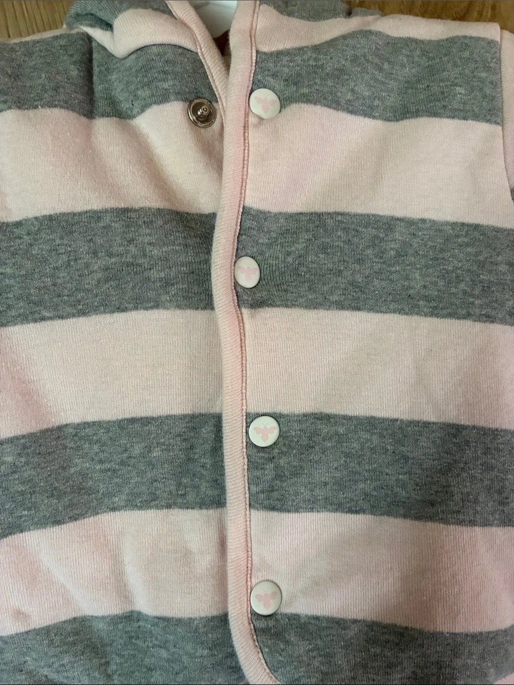Striped Pink & Gray Baby Hoodie Jacket - Soft Button-Front